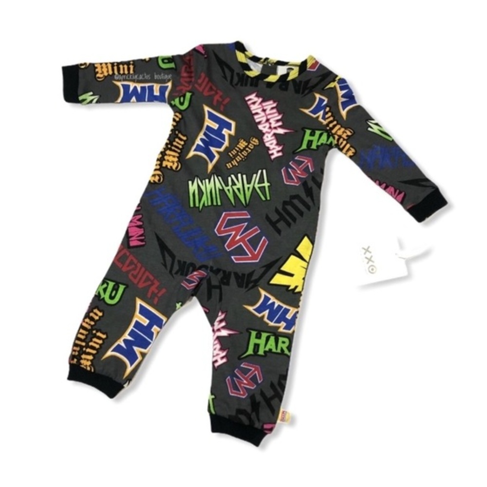 NWT Harajuku Mini Boys Onesie Romper Gray Metal Logo Screenprint Snap Button New